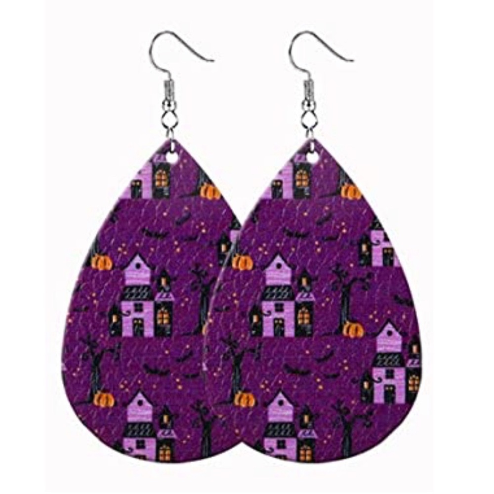 HALLOWEEN PURPLE HAUNTED HOUSE FAUX LEATHER TEAR DROP EARRINGS